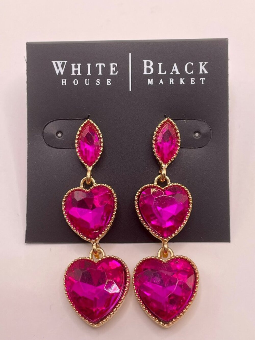 New White House Black Market Pink Gold-Tone Triple Heart Dangle Earrings -95B